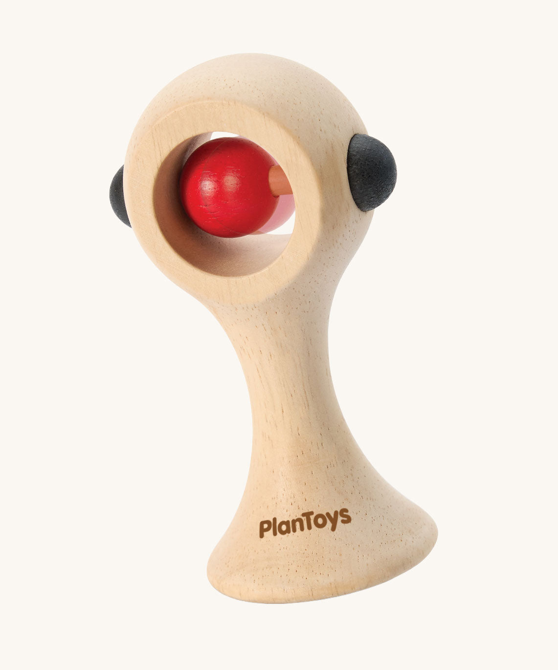 PlanToys Shaking Rattle in a High Contrast colourway. The red and black details stand out against the natural rubberwood body. PlanToys range of toys are made from sustainably sourced rubberwood, we're proud stockists of PlanToys here at Babipur. 