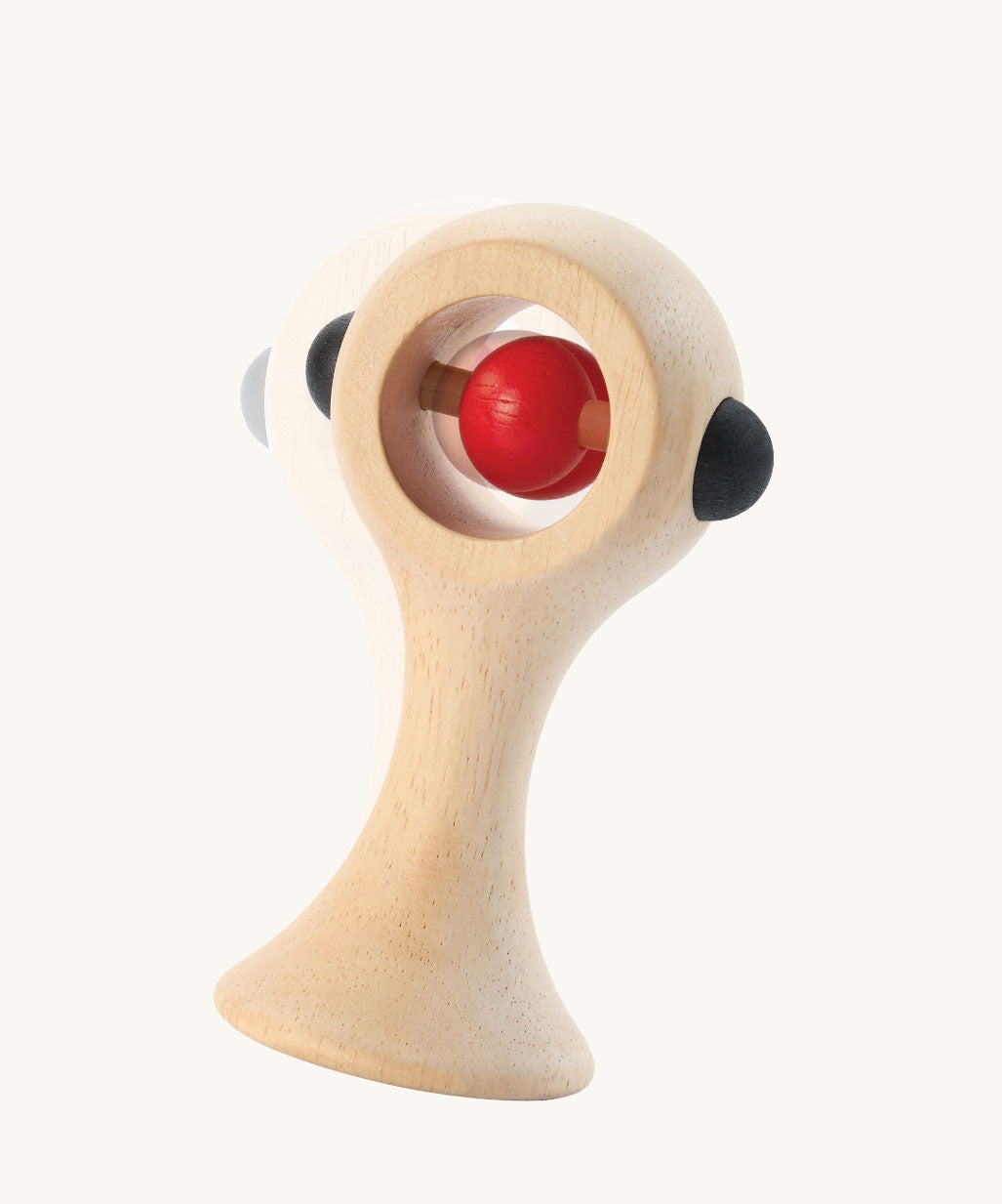 PlanToys Shaking Rattle in a High Contrast colourway. The red and black details stand out against the natural rubberwood body. PlanToys range of toys are made from sustainably sourced rubberwood, we're proud stockists of PlanToys here at Babipur. 