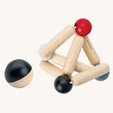 PlanToys high contrast Triangle baby Clutching Toy. A black and natural wood wooden ball with stretchy wooden triangle clutching toy. PlanToys range of toys are made from sustainably sourced rubberwood, we're proud stockists of PlanToys here at Babipur. 