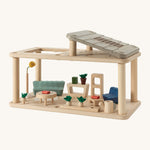 PlanToys wooden space living room set with sunlight. Features wooden living room accessories including a table, lamp, chairs and can teamed up with the bathroom and kitchen set.