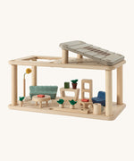 PlanToys wooden space living room set with sunlight. Features wooden living room accessories including a table, lamp, chairs and can teamed up with the bathroom and kitchen set.