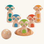 The PlanToys Meerkat Bowling Set on a plain background. 