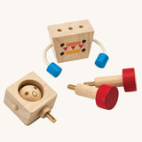 The pieces from the PlanToys Mood Bot Emotions Wooden Toy Robot shown seperated. PlanToys range of toys are made from sustainably sourced rubberwood, we're proud stockists of PlanToys here at Babipur. 