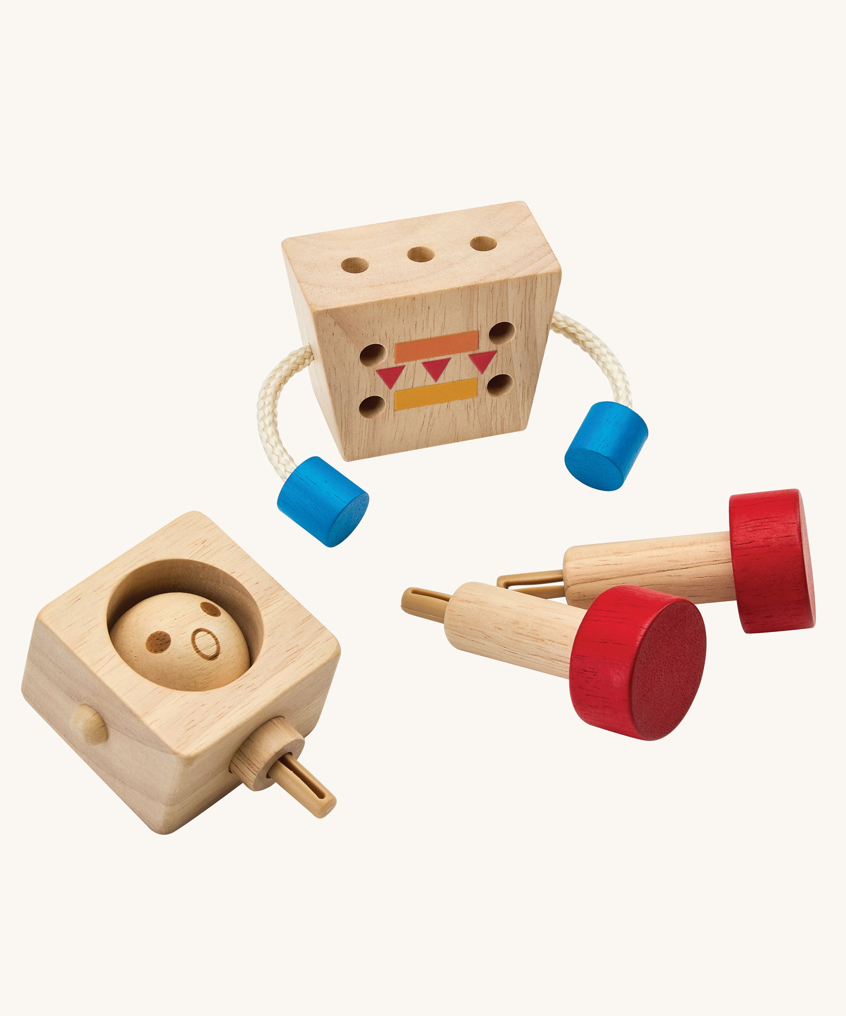  The pieces from the PlanToys Mood Bot Emotions Wooden Toy Robot shown seperated. PlanToys range of toys are made from sustainably sourced rubberwood, we're proud stockists of PlanToys here at Babipur. 