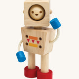 A PlanToys Mood Bot Emotions Wooden Toy Robot in a standing position. PlanToys range of toys are made from sustainably sourced rubberwood, we're proud stockists of PlanToys here at Babipur. 