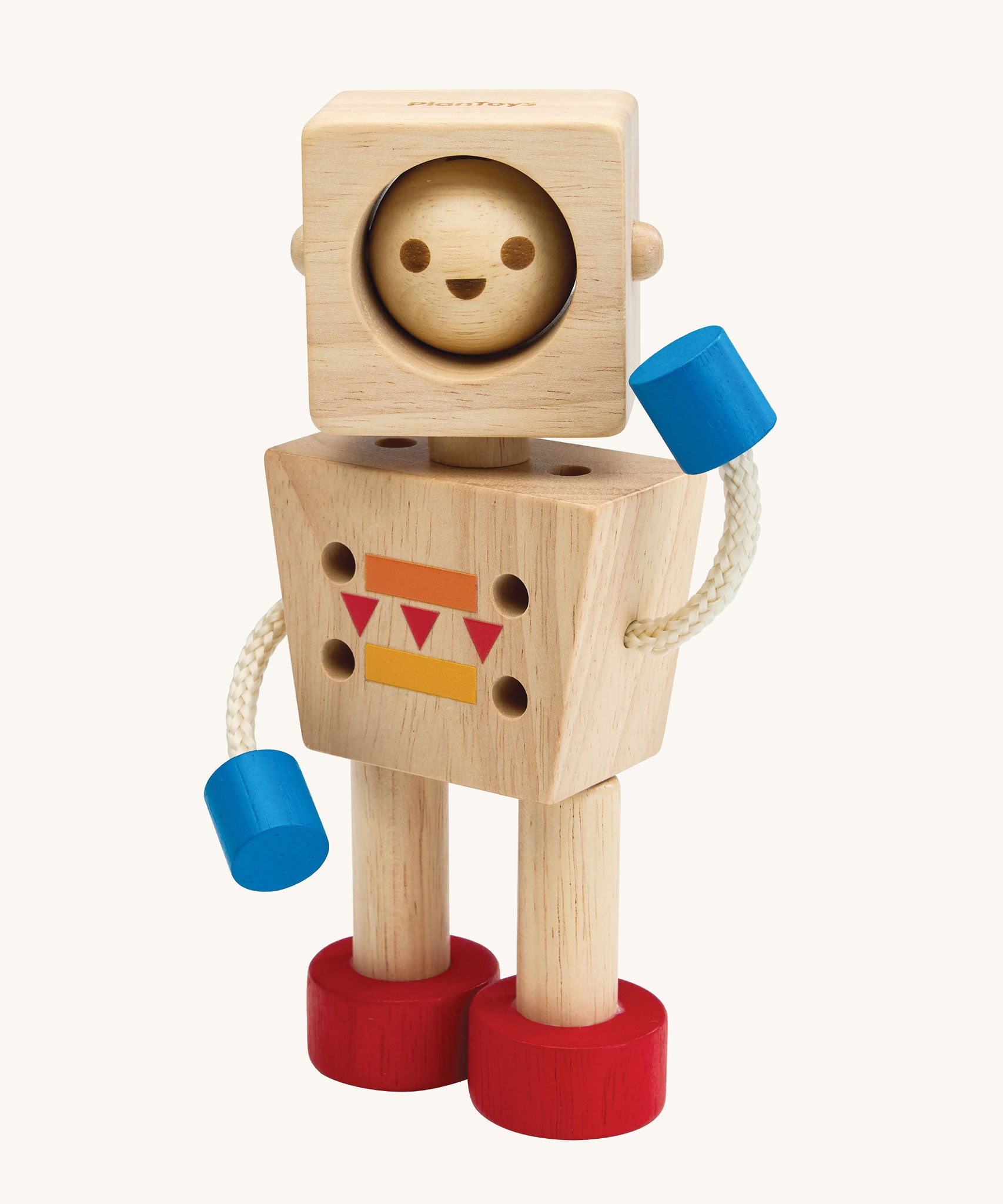 A PlanToys Mood Bot Emotions Wooden Toy Robot in a standing position. PlanToys range of toys are made from sustainably sourced rubberwood, we're proud stockists of PlanToys here at Babipur. 