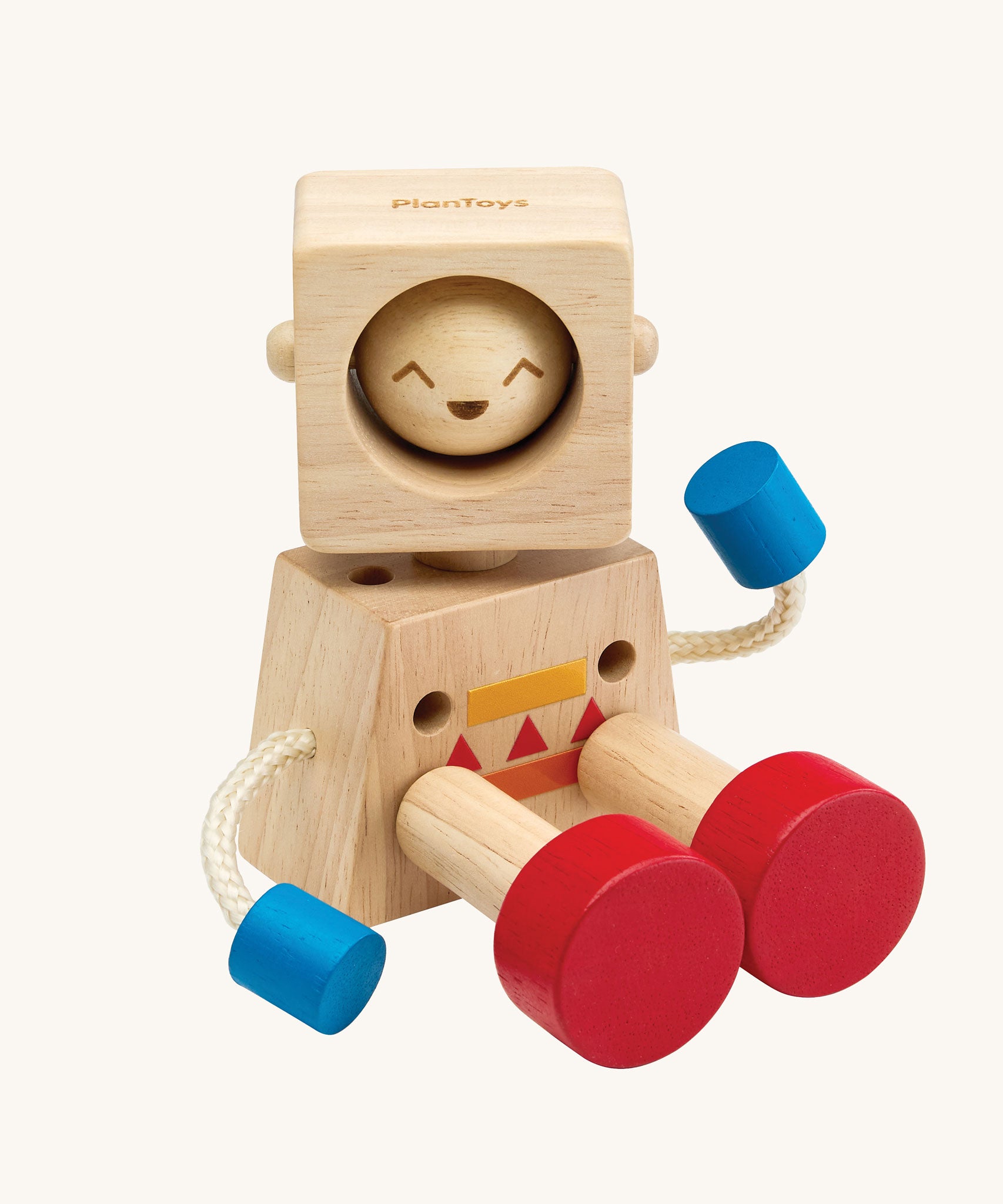 A PlanToys Mood Bot Emotions Wooden Toy Robot in a seated position. PlanToys range of toys are made from sustainably sourced rubberwood, we're proud stockists of PlanToys here at Babipur. 