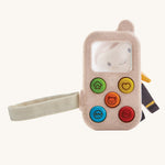 The PlanToys My First Phone shown on a plain background with a wooden dolly peering through the phone's magnifying scree. 