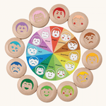 The PlanToys My Mood Memo game on a plain background. The wooden discs featuring different emotions have been placed on the coordinating spot of the wheel featuring the emotions. 