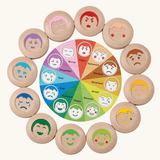 The PlanToys My Mood Memo game on a plain background. The wooden discs featuring different emotions have been placed on the coordinating spot of the wheel featuring the emotions. 