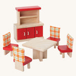 Plan Toys Dolls House Dining Room furniture set on a plain background. 