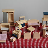 Items included in the large discounted bundle of PlanToys wooden dollhouse furniture set at Babipur. 