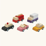 PlanToys PlanWorld vehicle wooden toy vehicles set. Red fire engine, purple truck, yellow taxi, pink convertible and black police car.