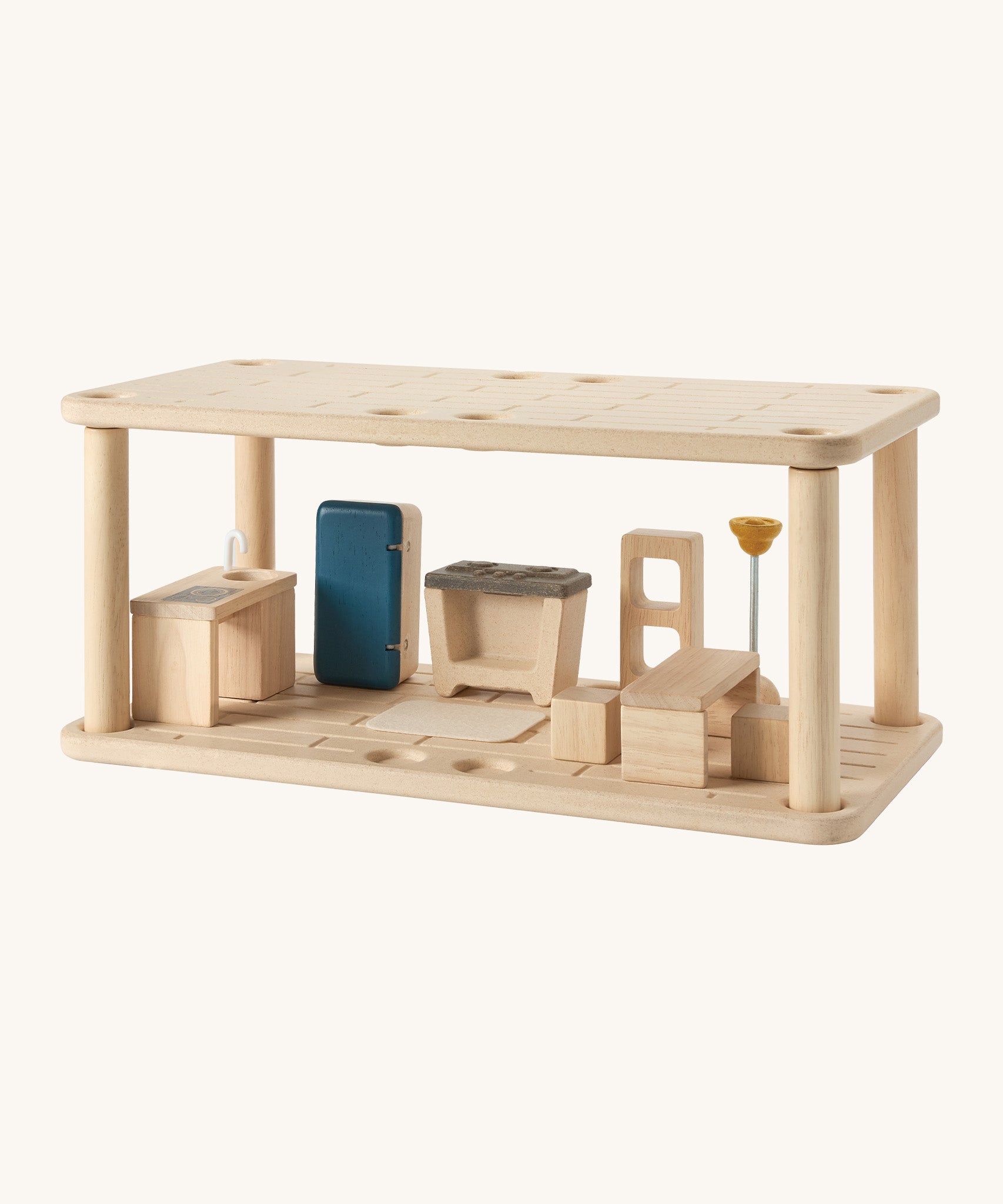PlanToys wooden space kitchen/dining set Features wooden kitchen accessories including a toy table, lamp, chairs, sink and fridge. This set can be teamed up with the living room and bathroom set to create a dollhouse.