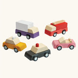 PlanToys PlanWorld vehicle wooden toy vehicles set. Red fire engine, purple truck, yellow taxi, pink convertible and black police car.