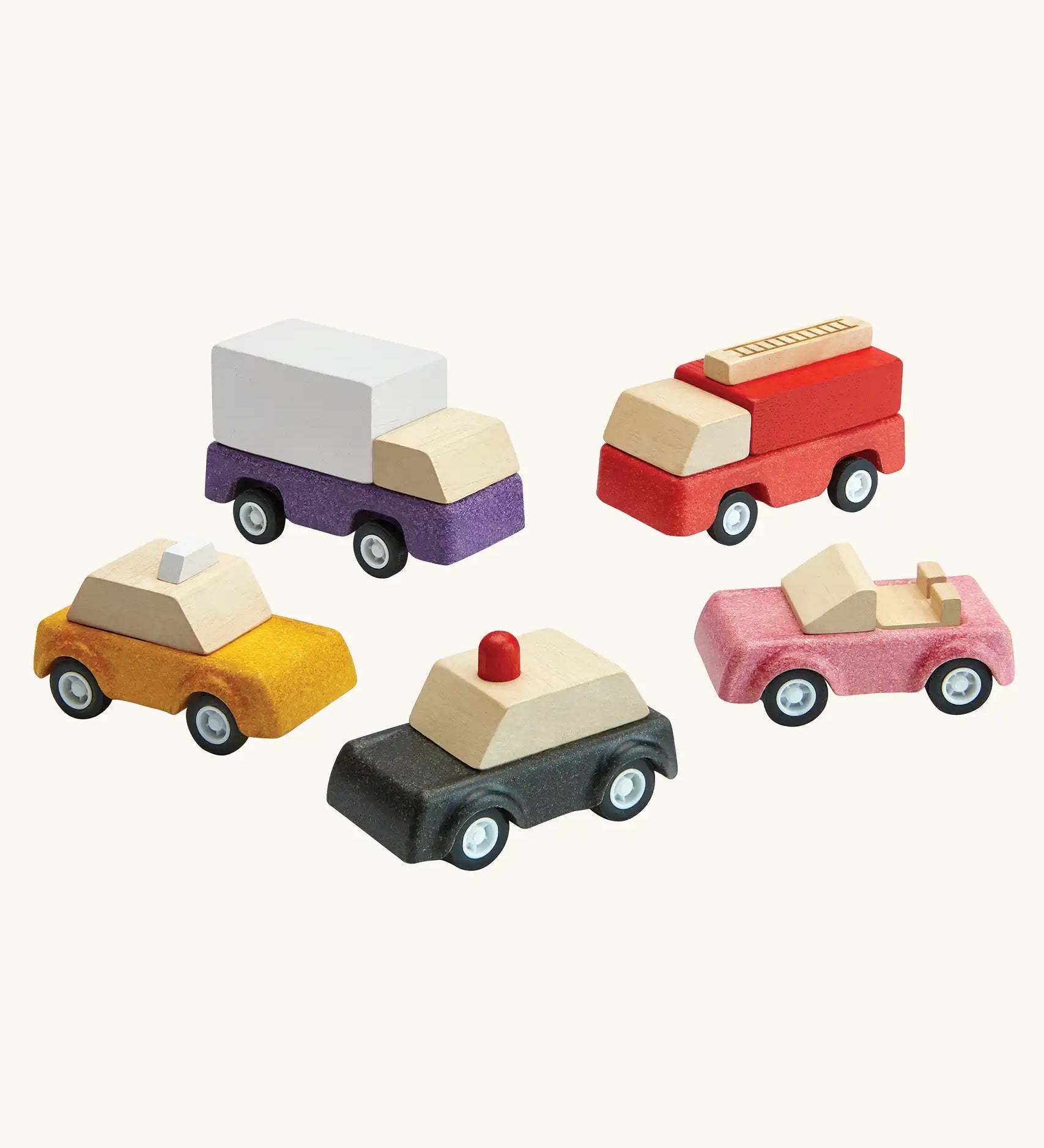 PlanToys PlanWorld vehicle wooden toy vehicles set. Red fire engine, purple truck, yellow taxi, pink convertible and black police car.