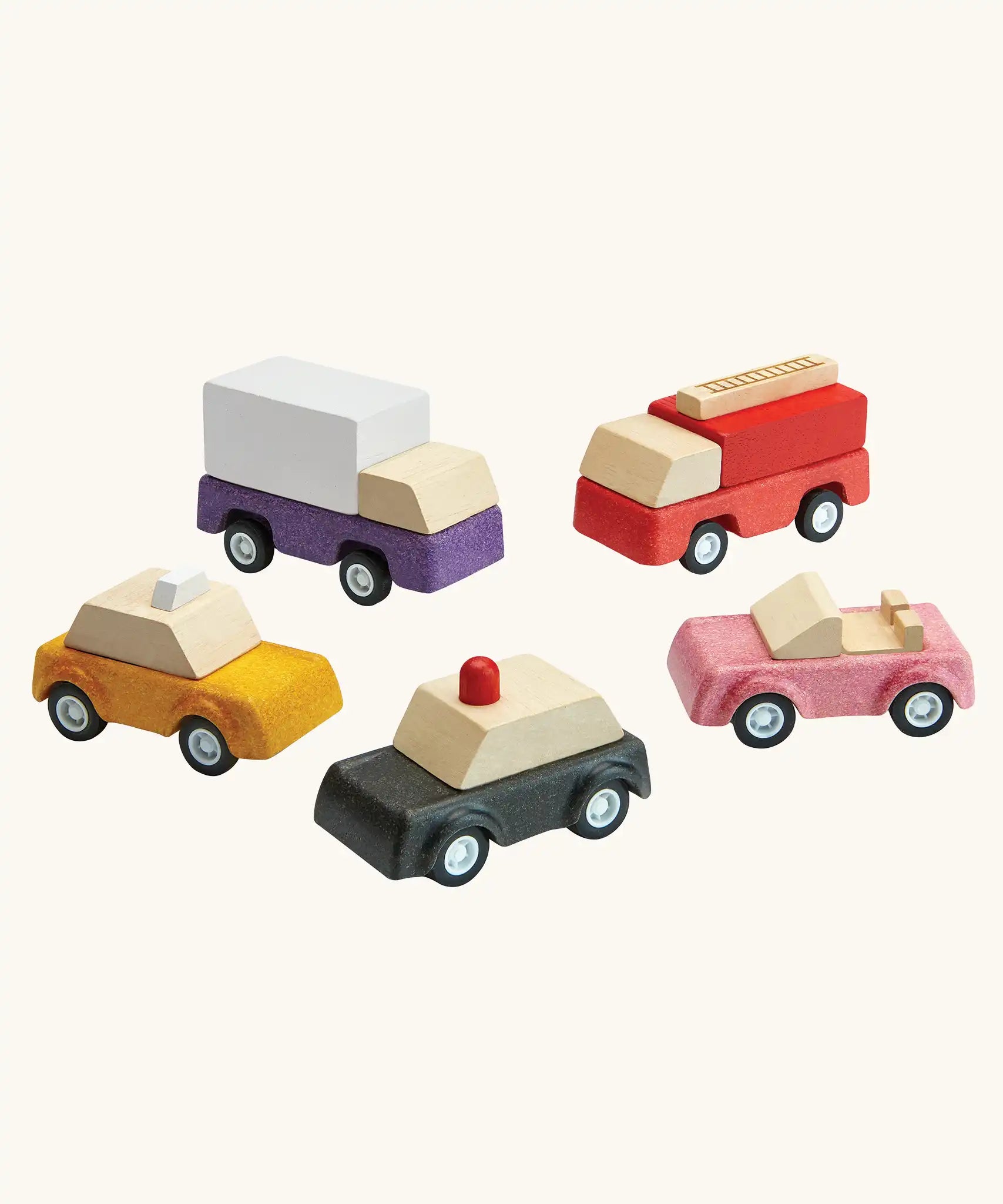 PlanToys PlanWorld vehicle wooden toy vehicles set. Red fire engine, purple truck, yellow taxi, pink convertible and black police car.