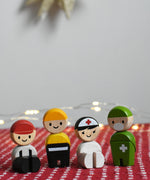 PlanToys Rescue Crew PlanWorld. Two of the wooden dolls are seated and two standing. 