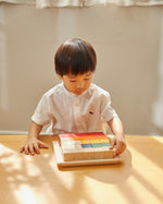 Young boy sorting the PlanToys coloured counting cube blocks on a wooden table