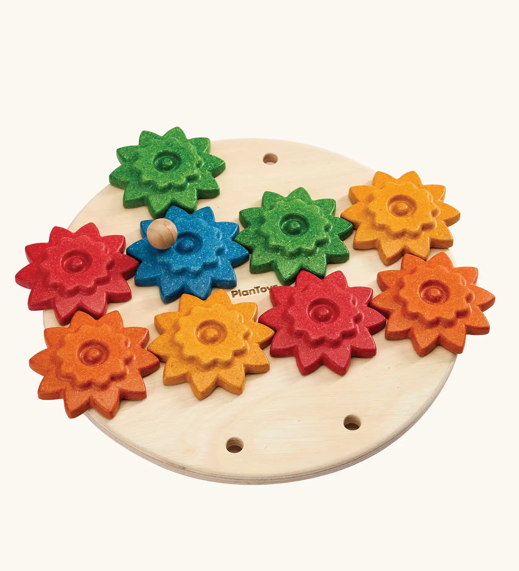 PlanToys spinning gear wooden toy playset. Wooden base with 9 coloured gears.
