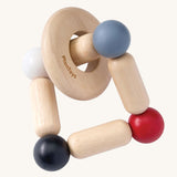 PlanToys Square Clutcher wooden baby toy. A square stretchy shape made of wooden pieces and white, grey, black and red coloured balls. PlanToys range of toys are made from sustainably sourced rubberwood, we're proud stockists of PlanToys here at Babipur. 