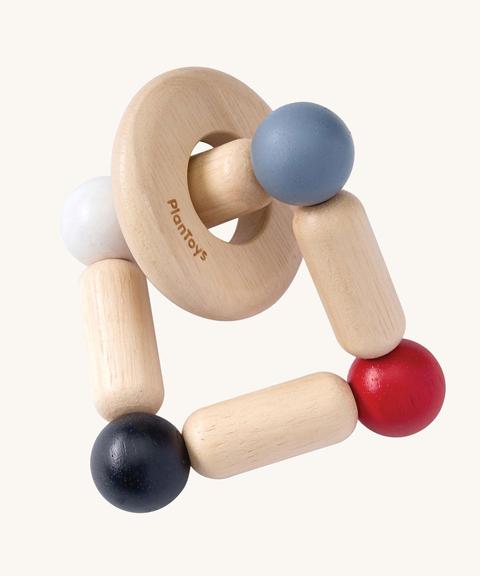 PlanToys Square Clutcher wooden baby toy. A square stretchy shape made of wooden pieces and white, grey, black and red coloured balls. PlanToys range of toys are made from sustainably sourced rubberwood, we're proud stockists of PlanToys here at Babipur. 