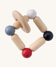 PlanToys Square Clutcher wooden baby toy. A square stretchy shape made of wooden pieces and white, grey, black and red coloured balls. PlanToys range of toys are made from sustainably sourced rubberwood, we're proud stockists of PlanToys here at Babipur. 