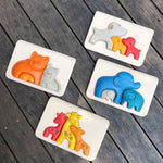Four animal themed wooden puzzles from PlanToys on a wooden surface, dog, Cat, Elephant and giraffe. 