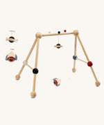 PlanToys High Contrast Wooden Baby Play Gym. A wooden baby gym with high contrast coloured features and detailing. The gym comes with two wooden hanging toys, a planet and a rocket. PlanToys range of toys are made from sustainably sourced rubberwood, we're proud stockists of PlanToys here at Babipur. 
