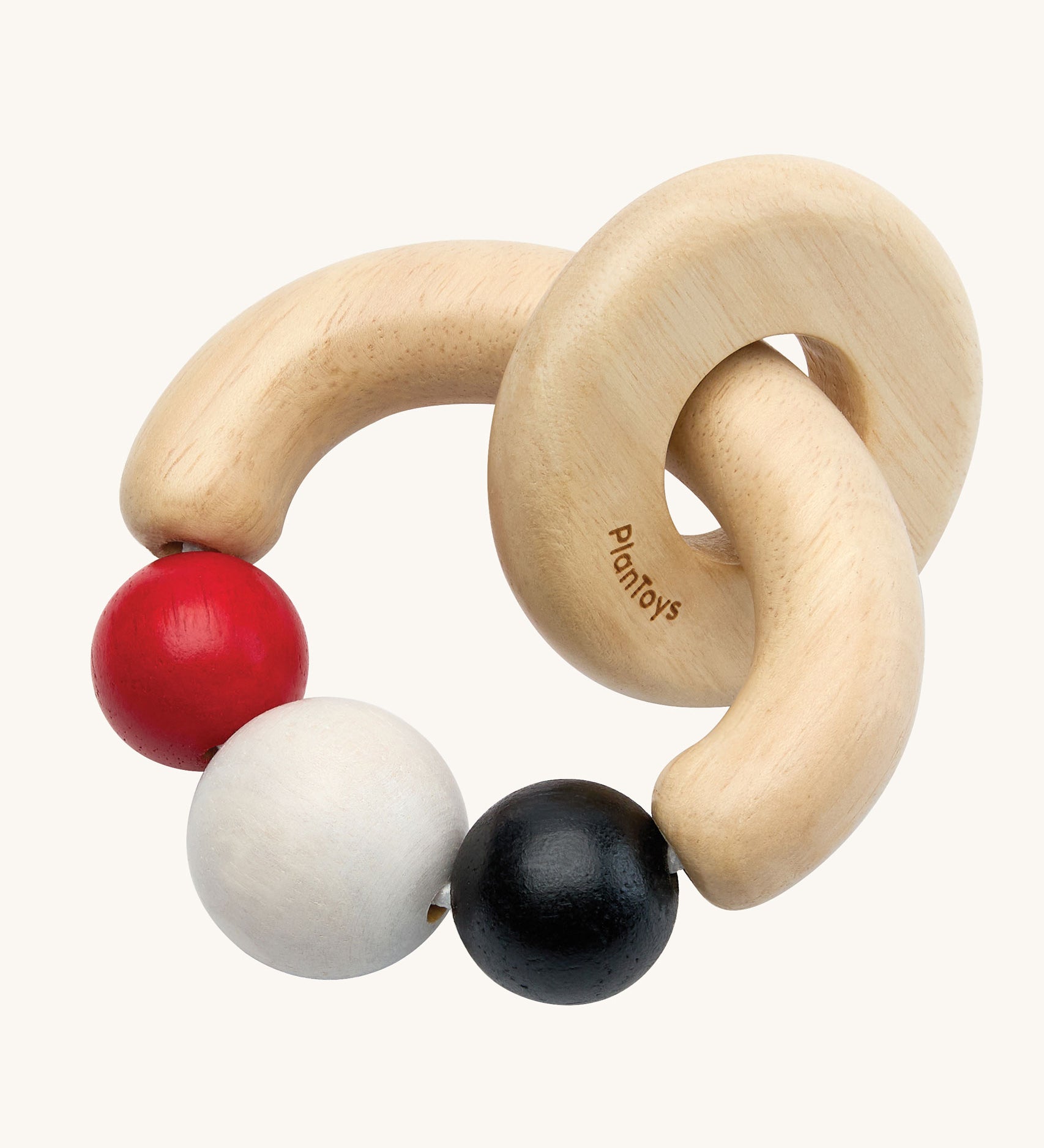 PlanToys Beads Rattle in a High Contrast colourway. PlanToys range of toys are made from sustainably sourced rubberwood, we're proud stockists of PlanToys here at Babipur. 