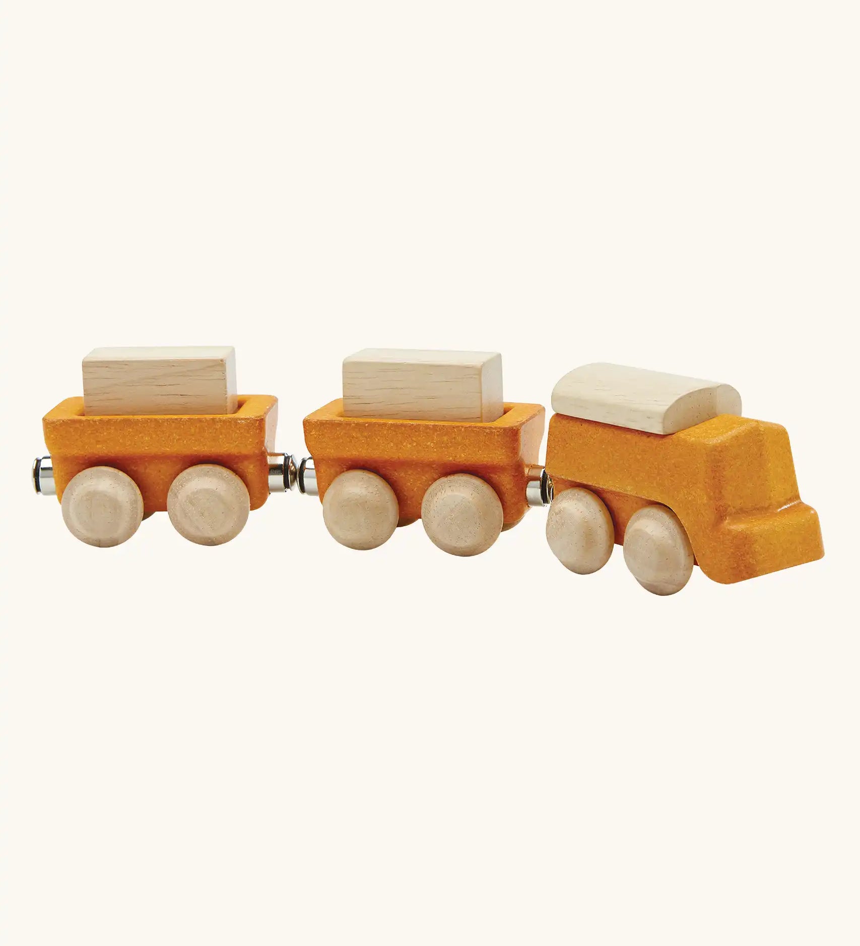 PlanToys yellow wooden cargo train. Three carriage train with magnetic connections that fit on standard toy train tracks. 