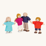 PlanToys Dolls House Family with White Skin and Blonde Hair on a plain background. 