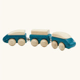 PlanToys blue wooden hybrid train. Three carriage train with magnetic connections. 