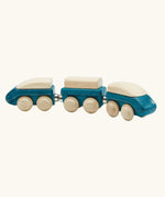 PlanToys blue wooden hybrid train. Three carriage train with magnetic connections. 