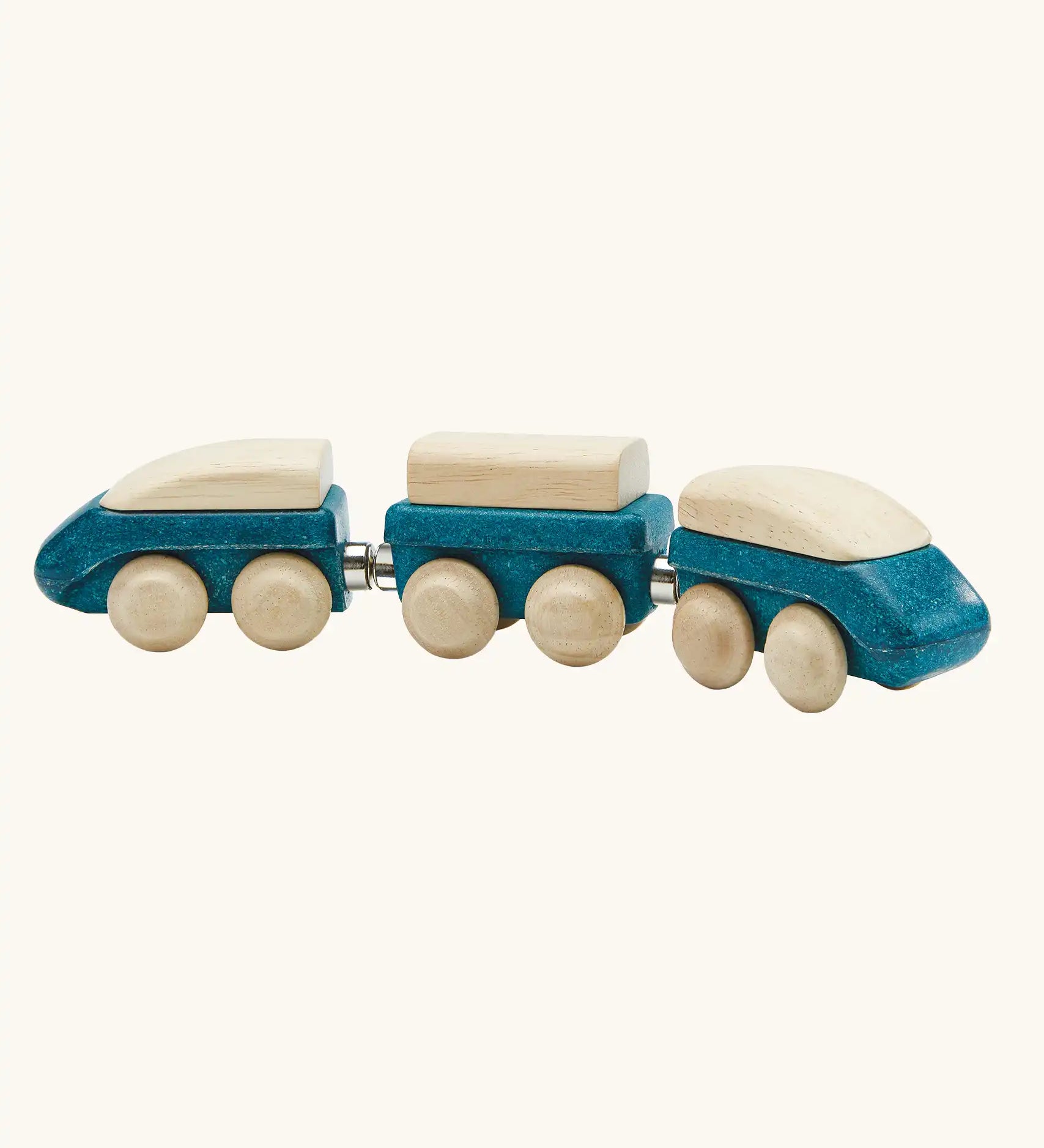 PlanToys blue wooden hybrid train. Three carriage train with magnetic connections. 