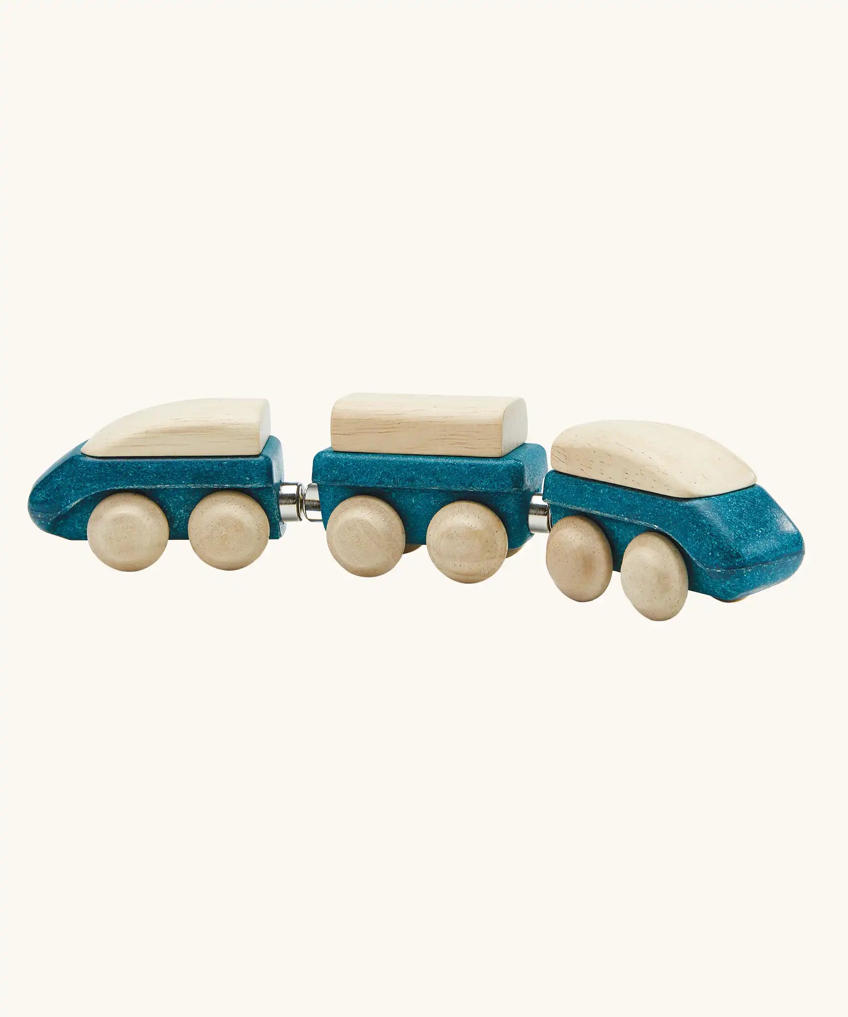 PlanToys blue wooden hybrid train. Three carriage train with magnetic connections. 