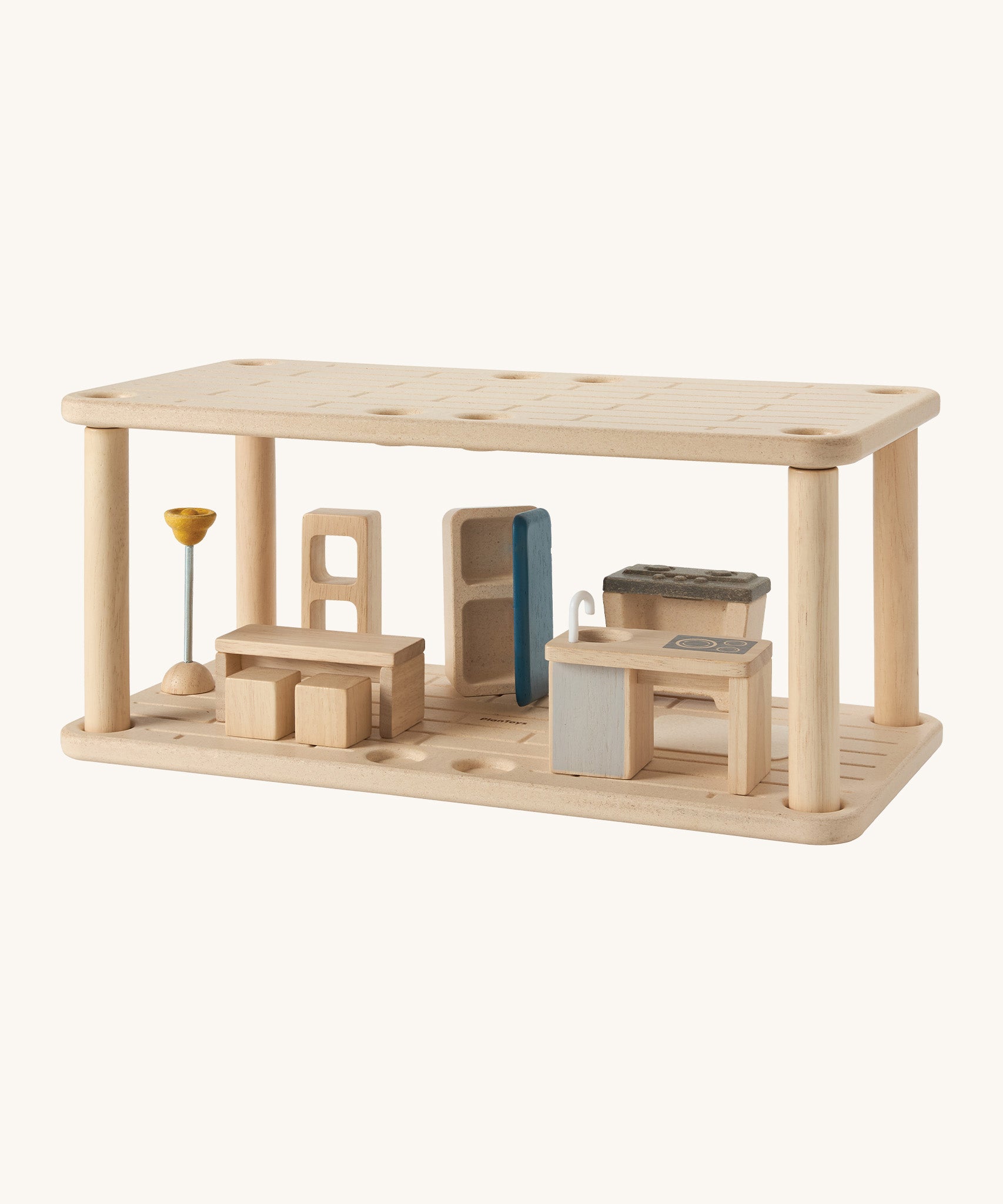 PlanToys wooden space kitchen/dining set up. Features wooden toy kitchen accessories including a table, lamp, chairs, sink and fridge that can open
