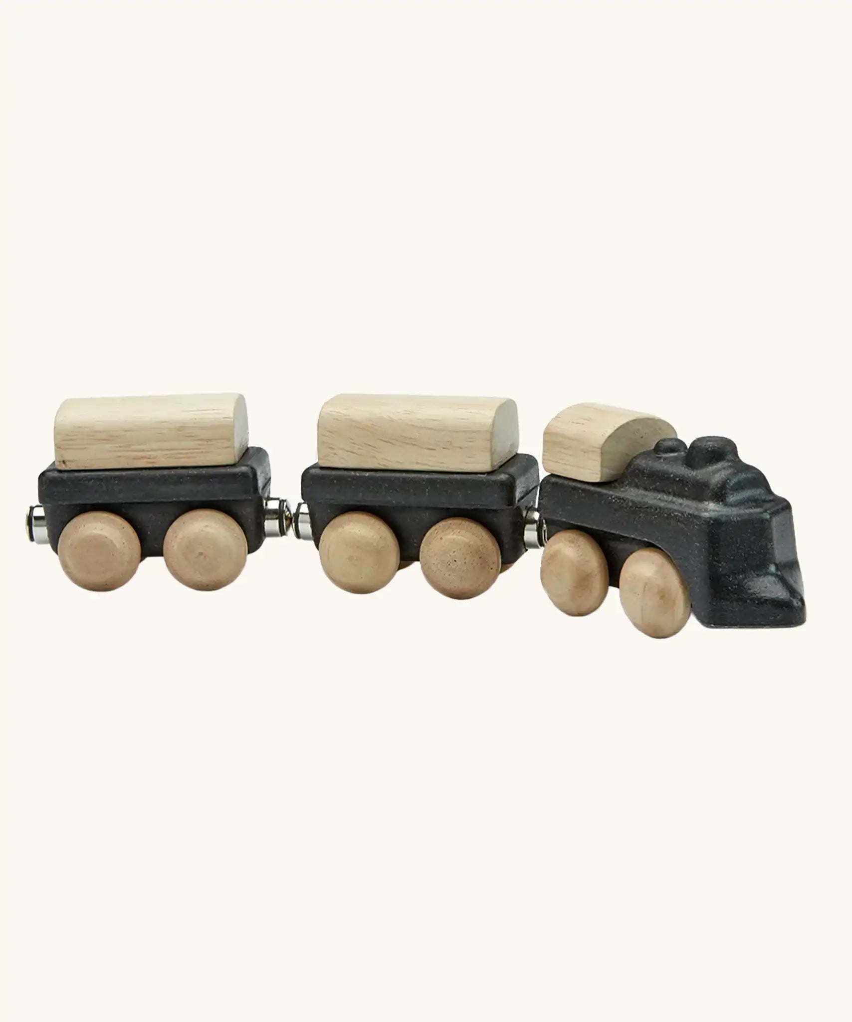 PlanToys black wooden classic toy train. Three carriages with magnetic connectors. 