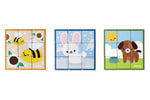 3 sets of PlanToys plastic-free wooden animal blocks laid out in pictures of some bees