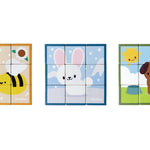 3 sets of PlanToys plastic-free wooden animal blocks laid out in pictures of some bees