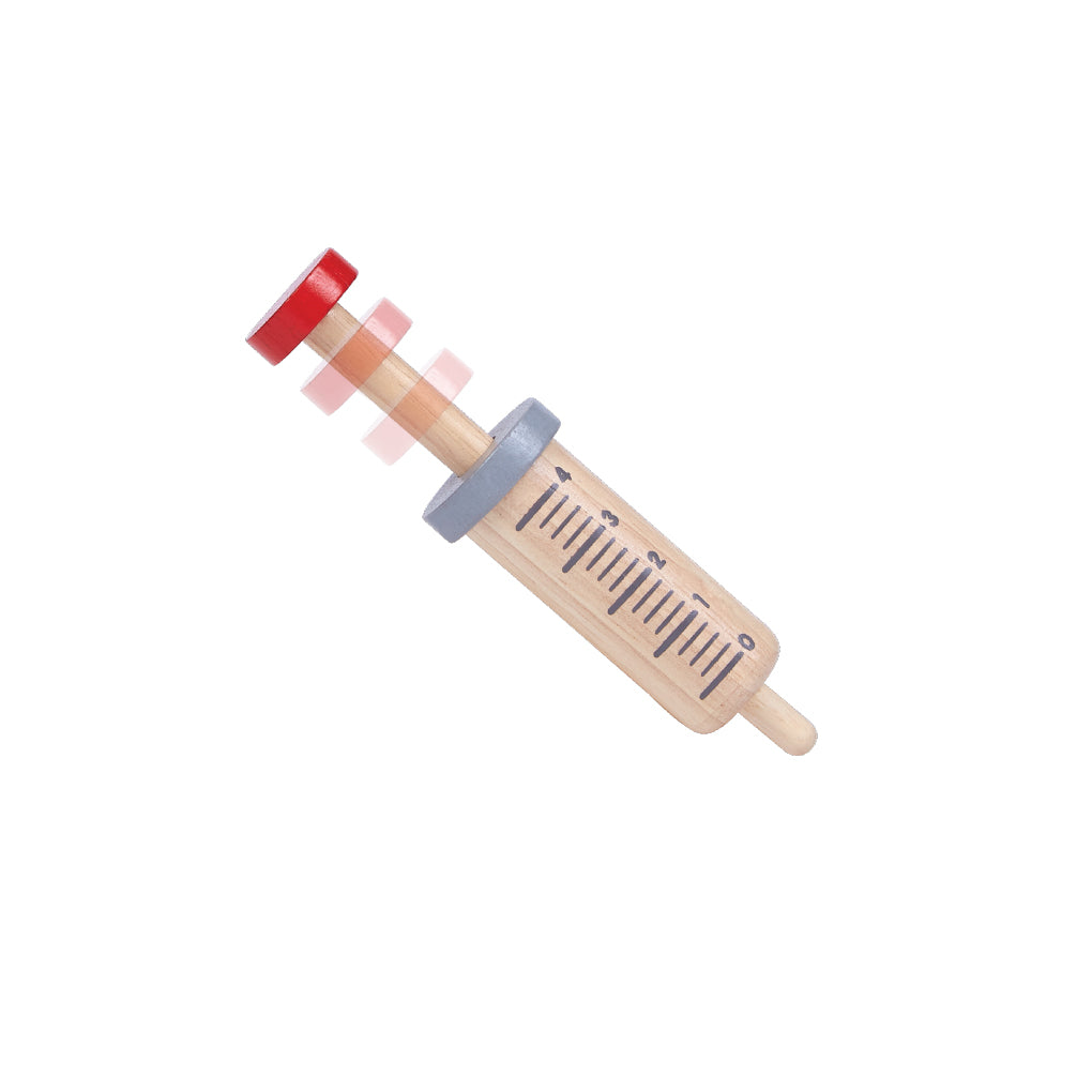 A close up of the injection toy from the PlanToys Doctor Set.