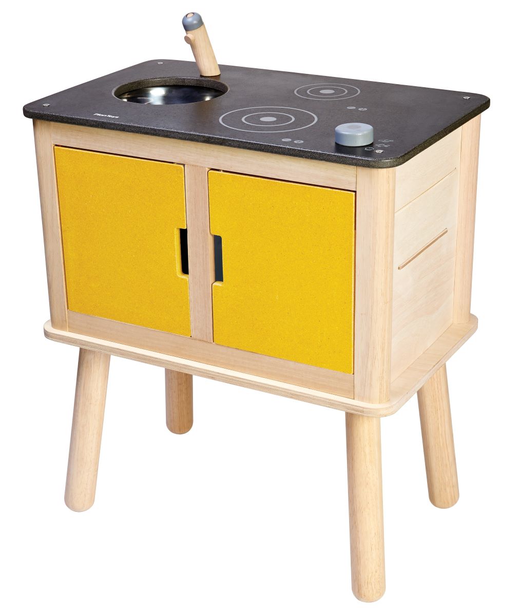 Wooden play kitchen by PlanToys with a sink