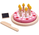 The PlanToys wooden birthday cake includes 6 slices of double sided cake