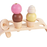 The PlanToys Ice Cream play food set includes a wooden serving tray to hold the two cones