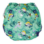 The back of the Close Pop-In +bamboo reusable cloth nappy with adjustable popper closures, showcasing the round the garden print