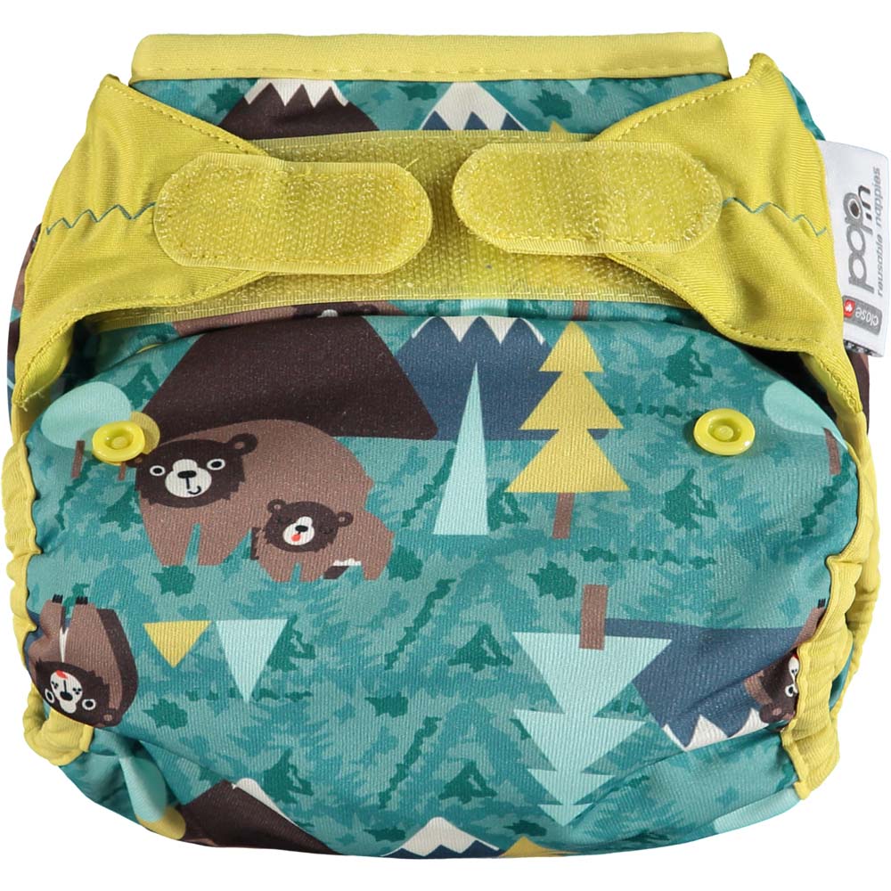 The Close Pop-In +bamboo reusable cloth nappy with adjustable velcro closures, in a bear print