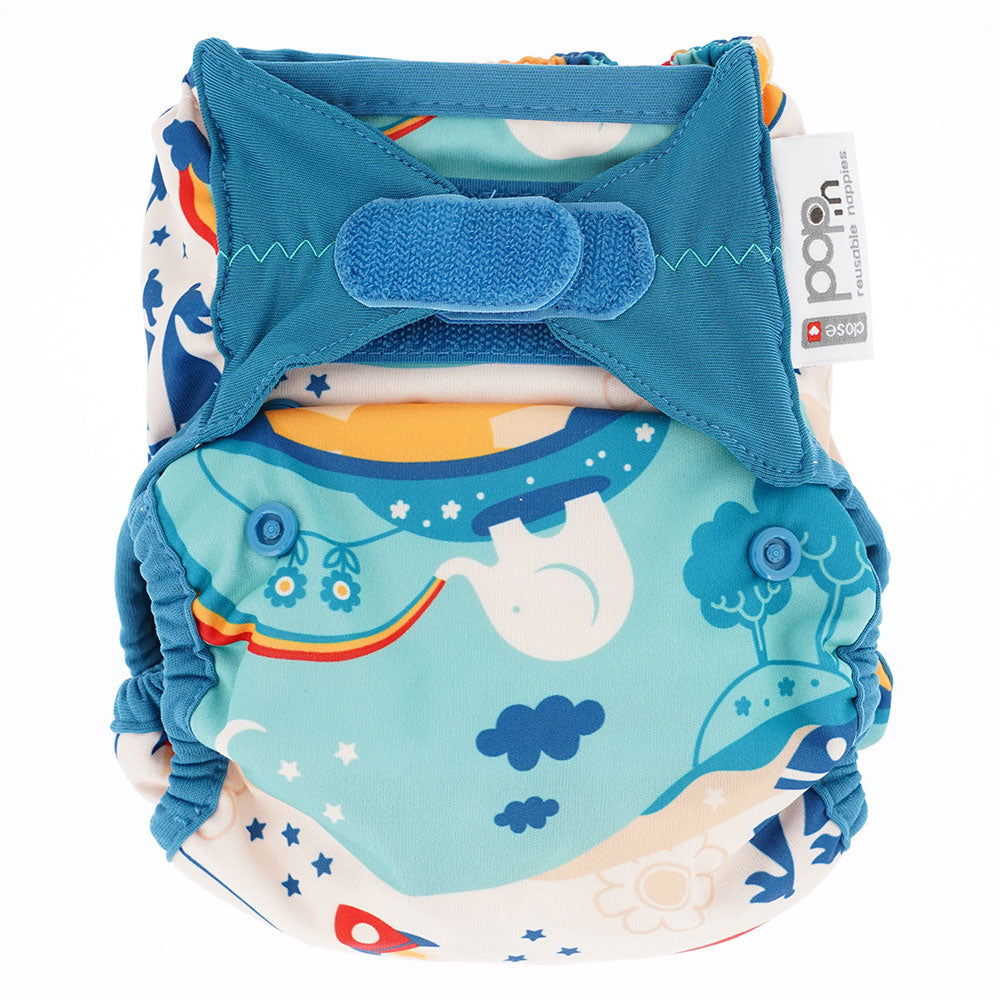 The Close Pop-In x Babipur exclusive reusable nappy wrap, in a Babipur World Print