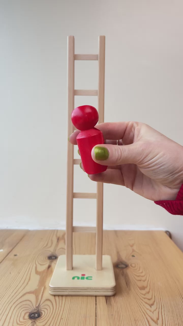 Video demonstration of Nic Natural Organic Climbing Ladder - a satisfying wooden kids toy, watch the red peg doll climb the ladder - sold at Babipur.