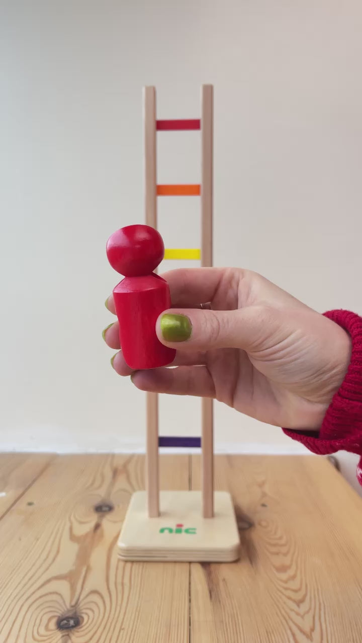 Video demonstration of Nic Wooden Colourful Climbing Ladder - a satisfying kids toy, watch the red peg doll climb the ladder - sold at Babipur.