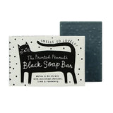 The Printed Peanut Black Cat charcoal soap bar with illustrated box, activated charcoal soap with rosemary and lime, UK made gift soap.
